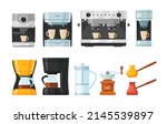 Set of Coffee Makers and Machines, Pot and Espresso Machine With Cup and Mug, French Press, Drip, Pour Over and Turkish Cezve, Aeropress, Moka Pot and Single Serve Machine. Cartoon Vector Illustration