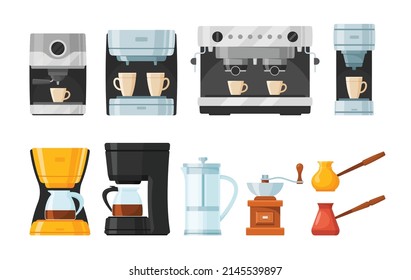 Equipo de Cafetería y Máquinas, Máquina de Oro y Espresso con Taza y Mug, Prensa Francesa, Deriva, Tapón y Grifo Turco, Aeropress, Moka Pot y Máquina de Servicio Único. Ilustración del vector de dibujos animados