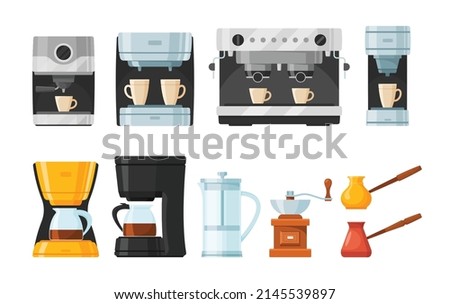 Set of Coffee Makers and Machines, Pot and Espresso Machine With Cup and Mug, French Press, Drip, Pour Over and Turkish Cezve, Aeropress, Moka Pot and Single Serve Machine. Cartoon Vector Illustration