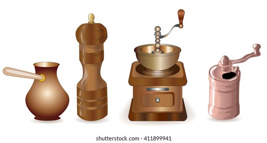 Set of coffee making equipment. Old fashioned manual burr mill coffee grinder, cezve, turkish manual coffee and pepper grinders. Vector.