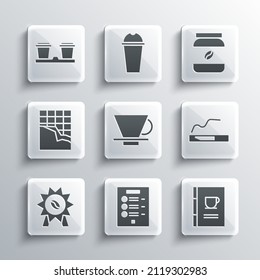 Set Coffee menu, book, Cigarette, V60 coffee maker, Medal for, Chocolate bar, cup to go and jar bottle icon. Vector