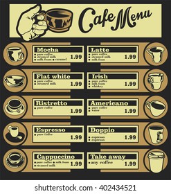 Set of coffee menu with a cups of coffee drinks illustration
