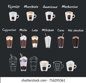 Set of coffee menu with a cups of coffee drinks
