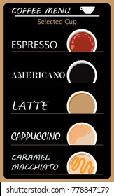 Set Of Coffee Menu With A Cups Of Coffee Drinks. Coffee Menu Card And Wallpaper. Design Concept For Placards, Banners, Presentations, Reports, Card And Wallpaper. Vector Illustration. Eps 10 