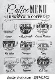 Set of coffee menu with a cups and names of drinks in retro style drawing 
with coal on board.