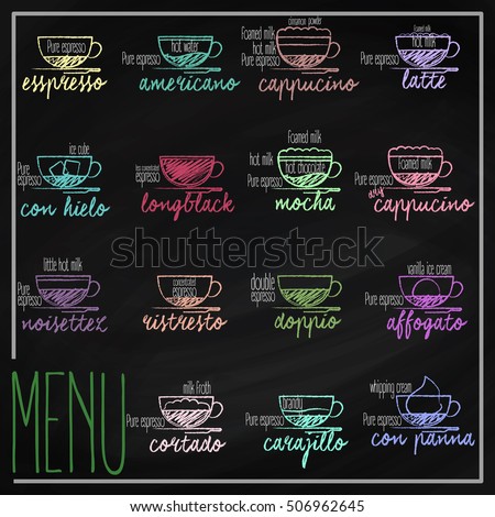 Set of coffee menu cups of coffee style 