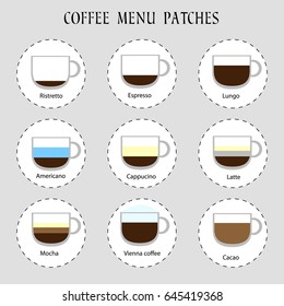Set of coffee menu icons. Vector patches collection, infographic concept. Labels for web design or restaurant tea carte