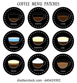Set of coffee menu icons. Vector patches collection, infographic concept. Labels for web design or restaurant tea carte