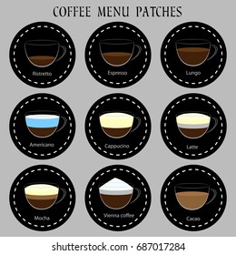 Set of coffee menu icons. Vector patches collection, infographic concept. Labels for web design or restaurant coffee carte
