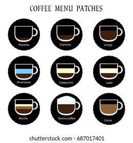Set of coffee menu icons. Vector patches collection, infographic concept. Labels for web design or restaurant coffee carte