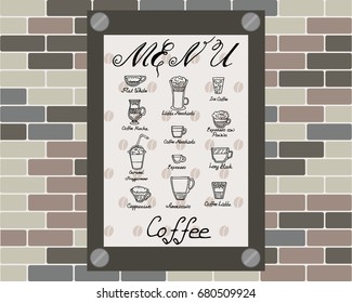 Set of coffee menu in vintage style on the blackboard. Vector doodle set with different types of coffee: espresso, latte, macchiato, cappuccino, americano, con panna. Hand-drawn design elements. 