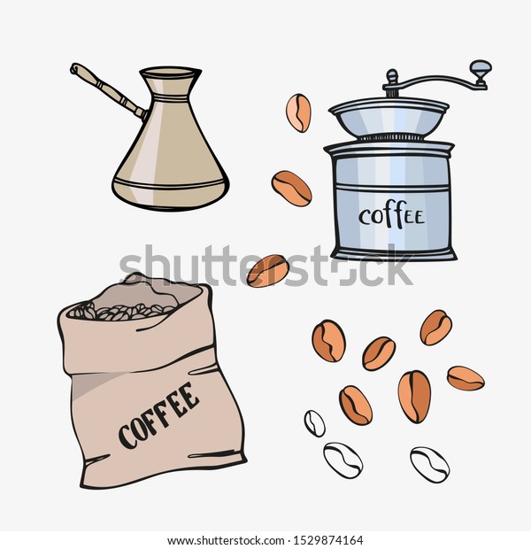 コーヒーミル ポット バッグ コーヒー豆をセット 手描きのスタイル カラフルなスケッチ 白い背景にベクターイラスト のベクター画像素材 ロイヤリティフリー