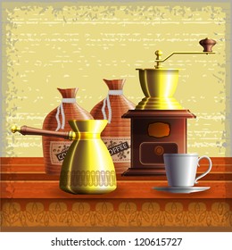 Set of coffee mill, turkish cezve, textile bags and small white cup standing on the wooden table over grunge retro frame background. Eps10