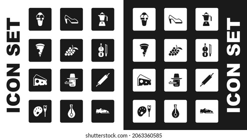 Set Coffee moca pot, Grape fruit, Slice pizza, Ice cream, Violin, Woman shoe, Rolling pin and Cheese icon. Vector