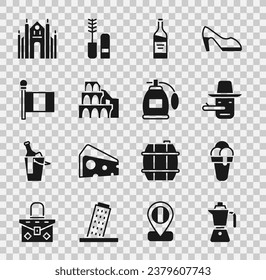 Set Coffee moca pot, Ice cream, Pinocchio, Bottle wine, Coliseum Rome, Flag Italy, Milan Cathedral and Perfume icon. Vector
