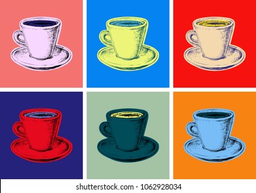 Set Coffee Mug Vector Illustration Pop Art Style. Andy Warhol. Modern art