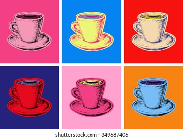 Set of Coffee Mug Vector Illustration Pop Art Style Andy Warhol