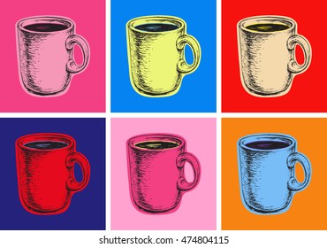 Set Coffee Mug Vector Illustration Pop Art Style. Andy Warhol. Modern Art