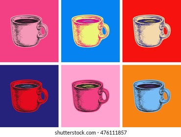Set Coffee Mug Vector Illustration Pop Art Style.  Andy Warhol. Modern art. Cafe