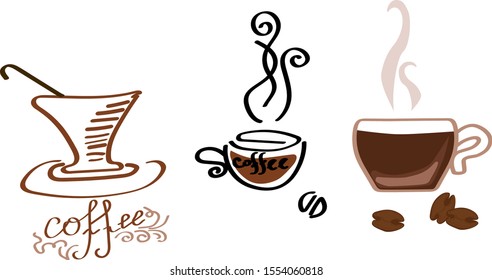 Set with coffee mugs. coffee beans . Vector image for coffee, cafe.