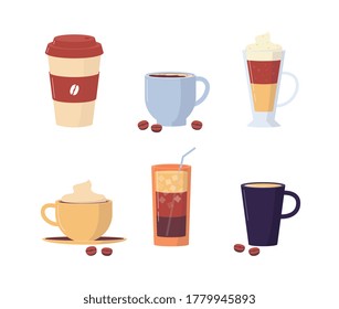 Set of coffee mugs and cups, glasses with coffee based dessert drinks, flat vector illustration isolated on white background. Icons for cafeteria or coffe shop.