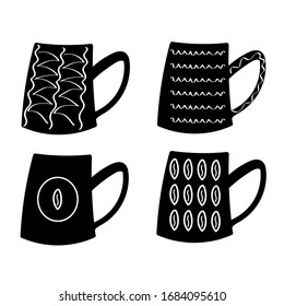 Set of coffee mugs with different decorations, beans lines isolated on white background, motivational coffee vectors