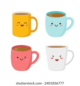 Set of coffee mugs in Kawaii style. Mugs in cartoon style. Vector illustration in a flat style. Isolated on a white background.	
