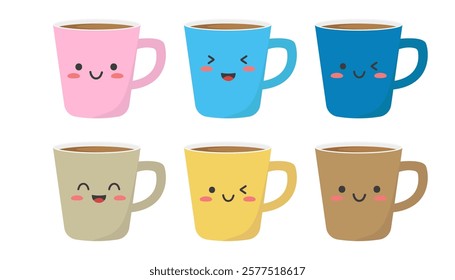 Set of coffee mugs in Kawaii style. Mugs in cartoon style. Vector illustration in a flat style. Isolated on a white background.