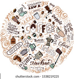 Set of coffee mugs, lettering on the theme of coffee, coffee grinders vector illustration for logos, cards, for decor