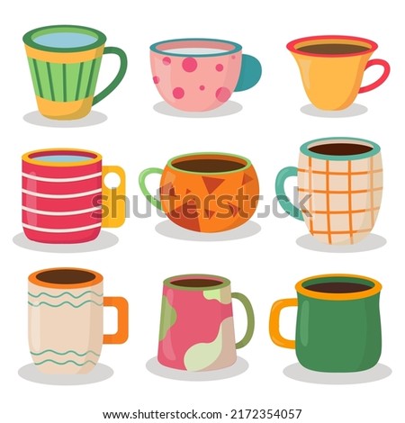 Set of Coffee mugs with a variety of patterns and beautiful colors, drawing cartoon style, vector illustration