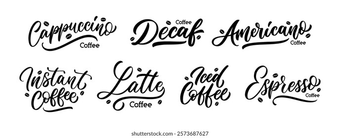 Set of coffee names lettering design isolated on white background. Cappuccino, decaf, americano, instant, latte, iced, espresso.