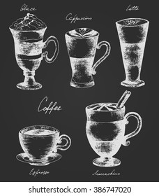Set of coffee on a black background. Hand drawn.  Vector illustration