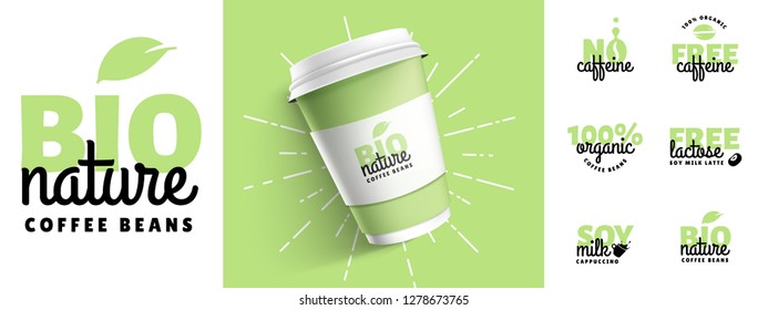 Set of coffee organic trend logotypes design vector illustration and mock up paper cup green color. Your brand of cafe template with sign typography elements. 3D realistic vector illustration eps 10