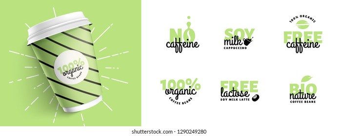 Set of coffee organic trend logotypes design vector illustration and mock up paper cup green color. Your brand of cafe template with sign typography elements. 3D realistic vector illustration eps 10
