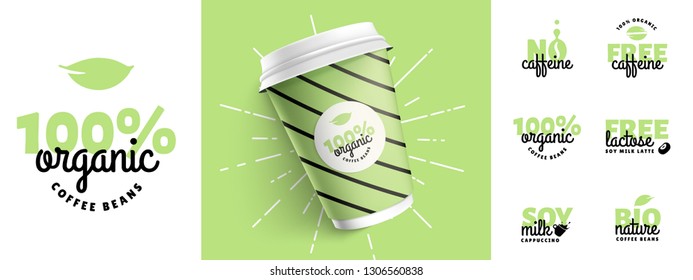 Set of coffee organic trend logotypes design vector illustration and mock up paper cup green color. Your brand of cafe template with sign typography elements. Realistic vector illustration eps 10