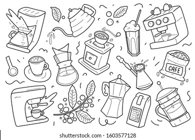 Set of coffee outline drawings, utensils, equipment and tools for various kinds of brewing coffee. Linear isolated vector cliparts. Hand drawn doodle illustrations. Coffee maker, grinder mill moka pot