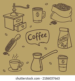 Set of coffee outline hand-drawn doodle Vector illustrations. Utensils, equipment and tools for various kinds of brewing coffee. Linear Grinder mill, Coffee maker, cup and mug, sack with coffee beans