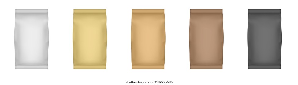 Set of coffee  packaging. White, gold, brown and black metallic foil bags for packaging design. Mockup template for food snack, cookies, peanuts, candy