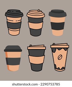  set Coffee Paper Cup. black color.Vector illustration design
