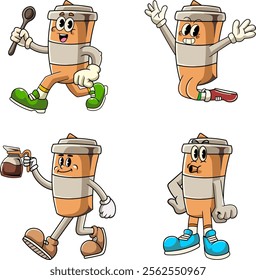 Set of Coffee Paper Cup Cartoon Character in Retro 70s Illustration