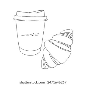 Set of coffee paper cup and croissant. Line vector cafe elements isolated on the white background