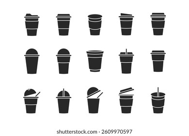 Set of coffee paper cup icons in solid silhouette style. black vector collection for café and beverage branding