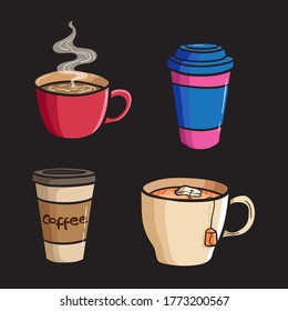 Set coffee paper cup with tea cup. Vector illustration. Colored doodle style-01
