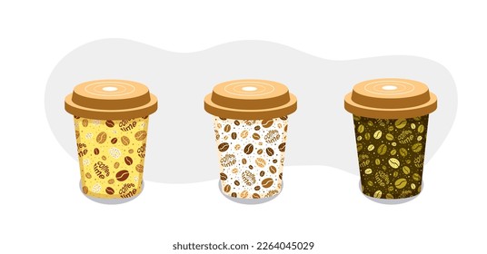 Set of coffee paper cups with coffee bean pattern. Isolated design element on white background. Template for coffee shop menu, restaurant, banner, flyer. 