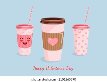 Set of coffee paper cups with a cute face and hearts for a postcard, textiles, decor, poster. Vector illustration of a plastic cup with a straw. Greeting card for Valentine's Day and other holidays.
