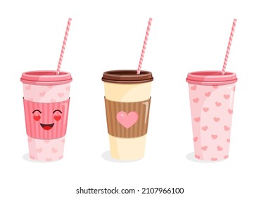 Set of coffee paper cups with a cute face and hearts for a postcard, textiles, decor, poster. Vector illustration of a plastic cup with a straw. Greeting card for Valentine's Day and other holidays.