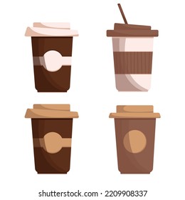 Set of coffee in paper cups on white background. Vector collection of coffee elements in flat style.