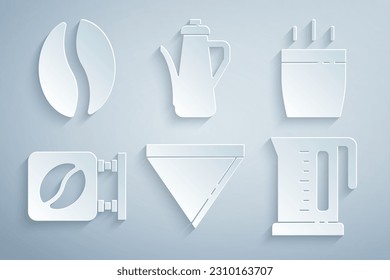 Set Coffee paper filter, cup, Street signboard coffee, Electric kettle, Teapot and beans icon. Vector