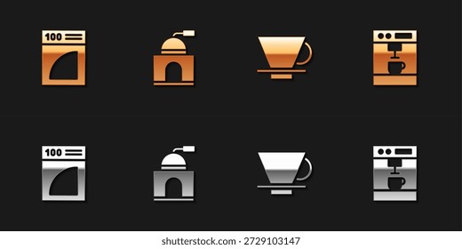 Filtrar de papel de café, molinillo de café manual, fabricante V60 e icono de la máquina. Vector
