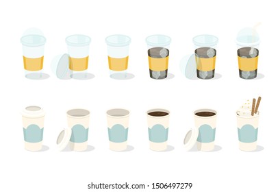 Set of coffee in paper and plastic cup. Can be used like a animation. Vector illustration.